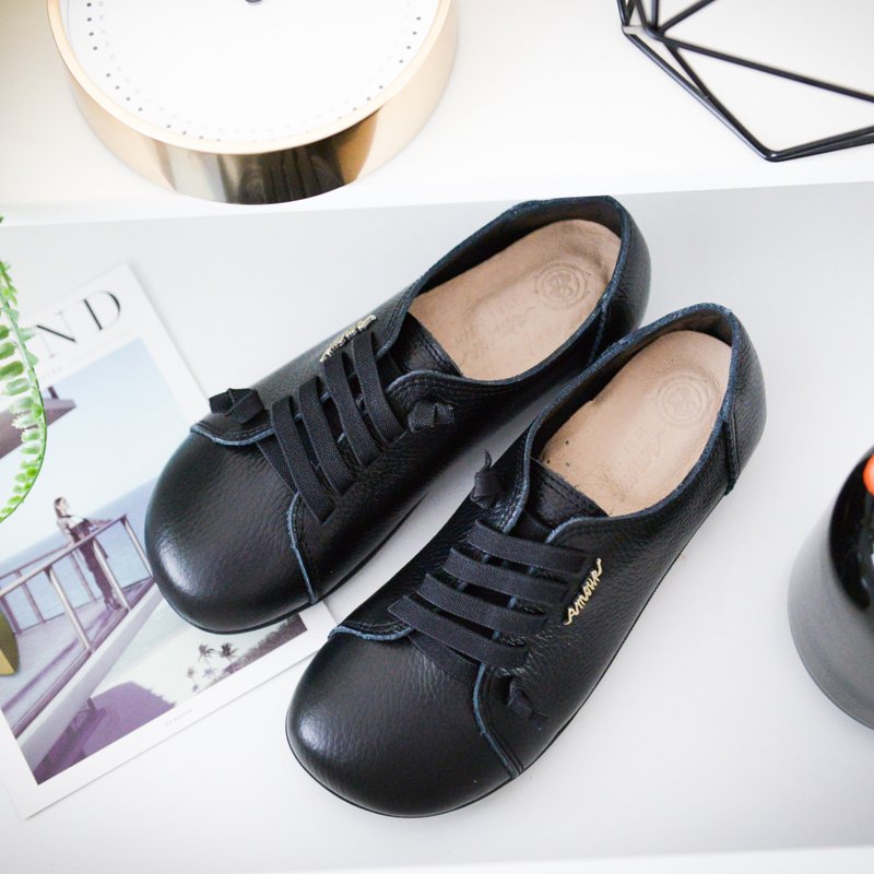 [Wide-foot friendly] MIT comfortable steamed bun shoes. Genuine Leather. All black 2818 - รองเท้าลำลองผู้หญิง - หนังแท้ สีดำ