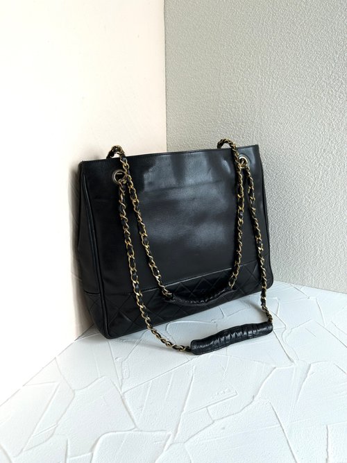 LA LUNE Vintage 日本鑑證古董品選物店 絕版古董包 Chanel黑色菱格鏈條托特包 側揹包 單肩包 中古二手包