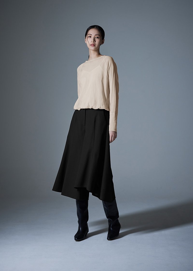 Asymmetrical wavy wide pants skirt - กางเกงขายาว - ขนแกะ สีดำ