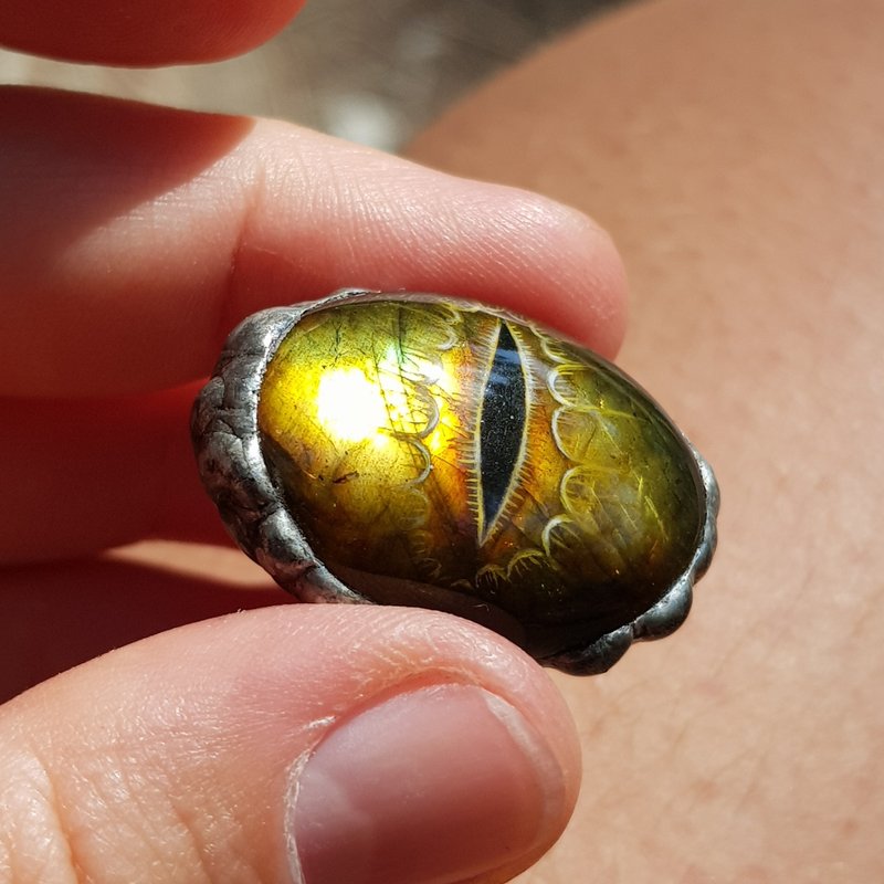 Dragon or snake eye ring Golden Labradorite ring Oil painting miniature on stone - General Rings - Stone Gold