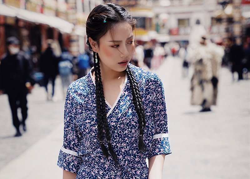 Yuzhao Chunchen 新しい中国風のレトロなチベット服エレガントなプリントデイリードレス - ワンピース - その他の素材 ブルー