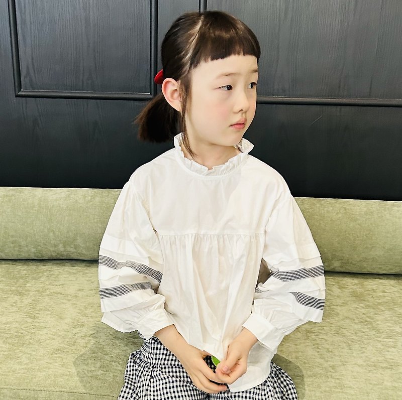 Pure cotton stand-up collar long-sleeved doll top available in two colors/white and gray children's clothing - Tops & T-Shirts - Cotton & Hemp White