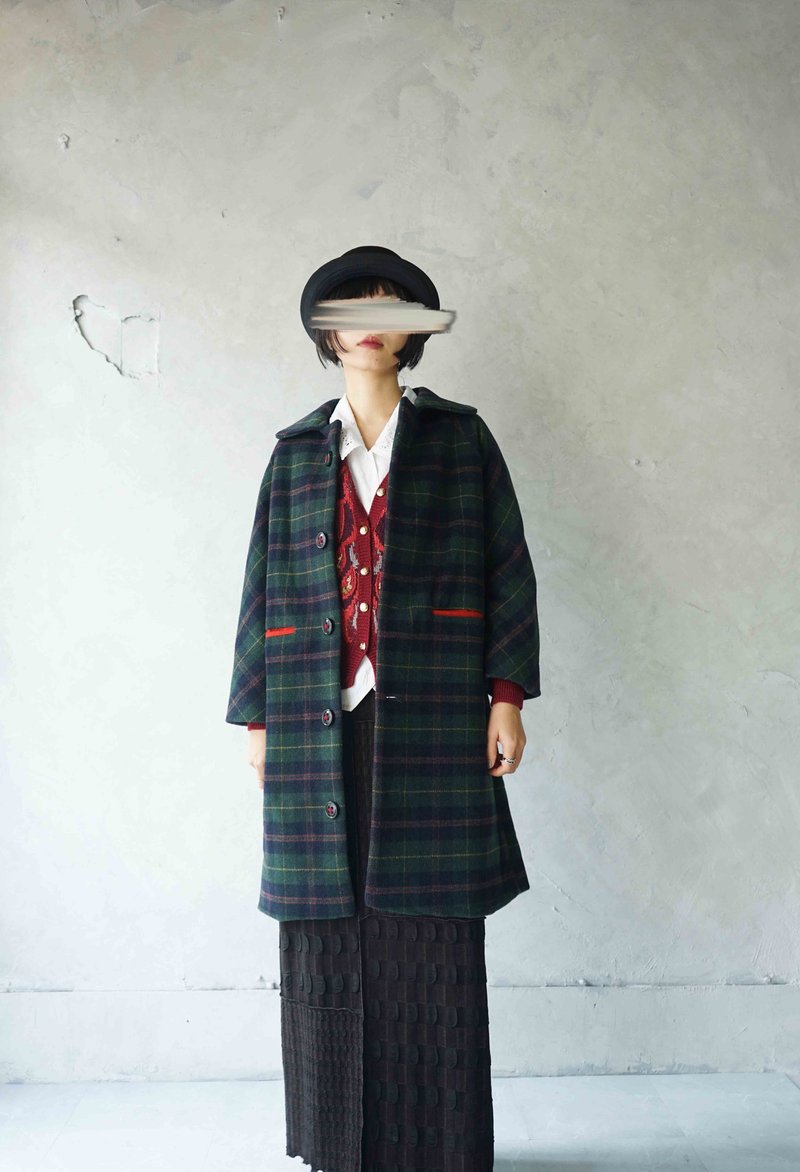 Handmade-college style classic green plaid with a touch of red pockets and sleeves wool coat - Women's Casual & Functional Jackets - Wool Green