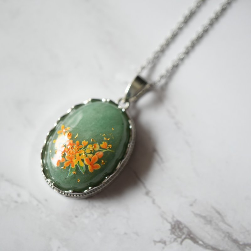 Green Aventurine and Osmanthus Pendant Necklace with 24K Gold Leaf - Necklaces - Gemstone Green