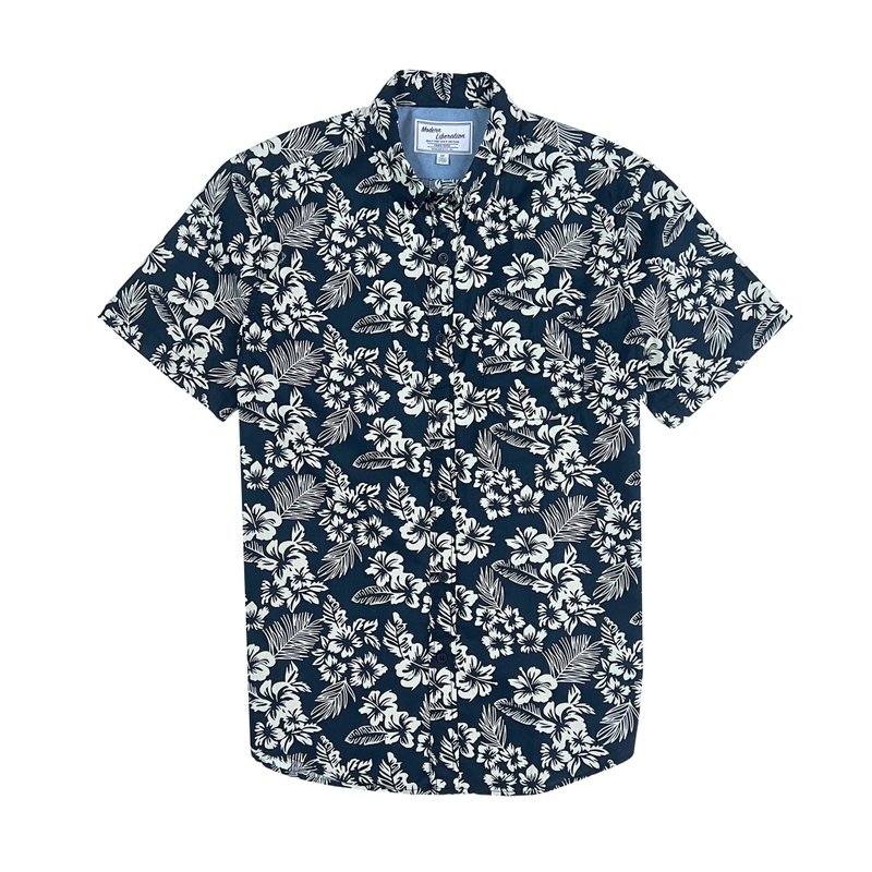 Men's Hibiscus Print Shirt - Indigo - เสื้อเชิ้ตผู้ชาย - ผ้าฝ้าย/ผ้าลินิน ขาว