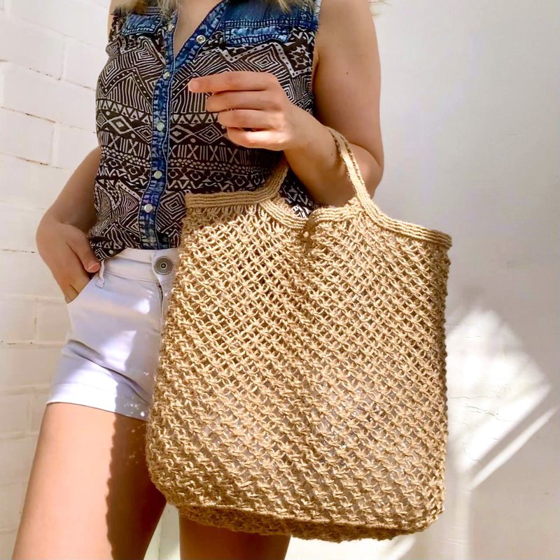 Eco jute mesh bag Macrame shopping tote bag Handwoven farmer handbag Net bag - 手提包/手提袋 - 棉．麻 咖啡色