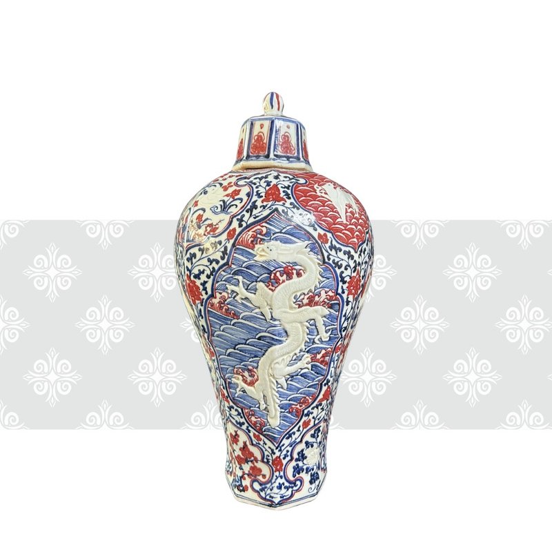 Yuan Blue and White Underglaze Red Octagonal Plum Vase with Dragon and Phoenix - Pottery & Ceramics - Porcelain White