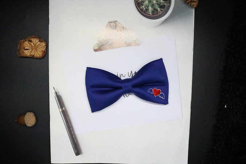 Blue / Wings love embroidery bow tie / school style versatile bow tie - Bow Ties & Ascots - Cotton & Hemp Blue