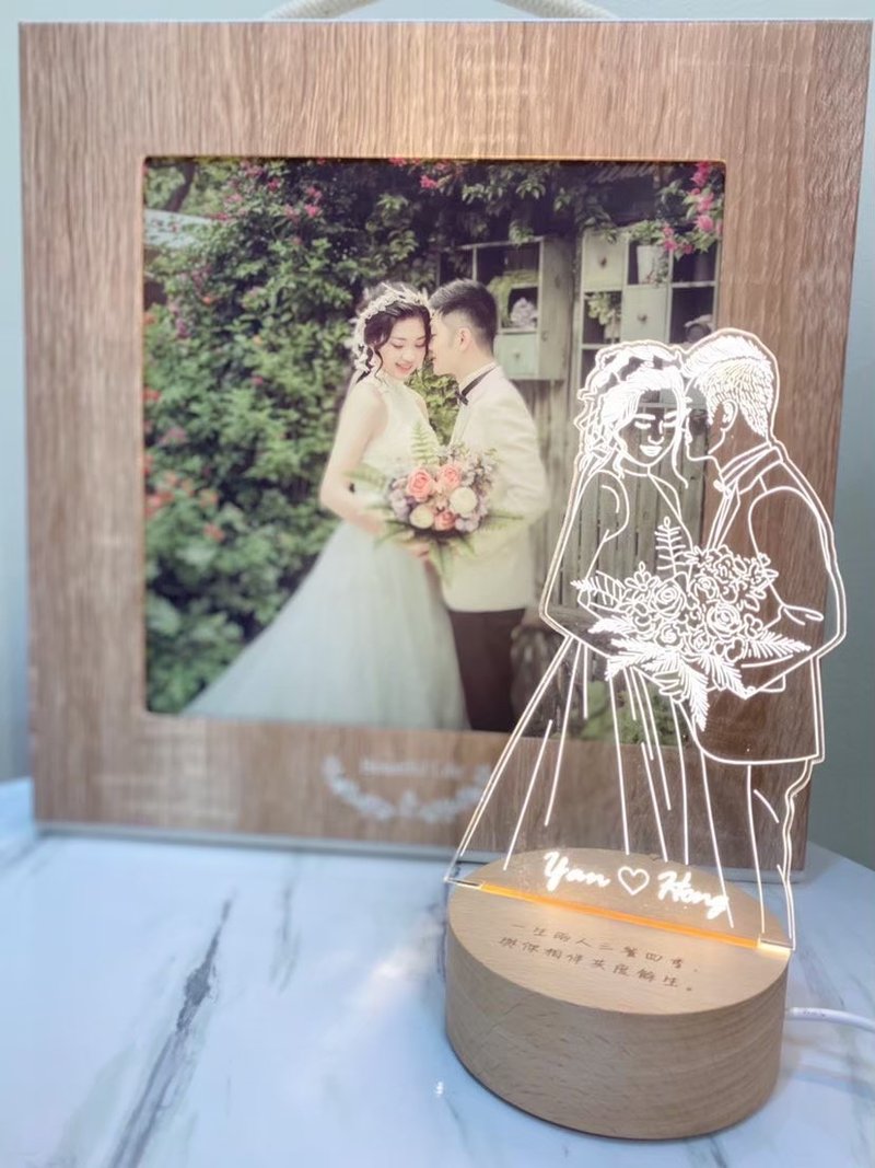 婚禮回憶發光中 寫實線條婚紗夜燈 線條原木藍芽喇叭款 可刻字 - 燈具/燈飾 - 木頭 粉紅色