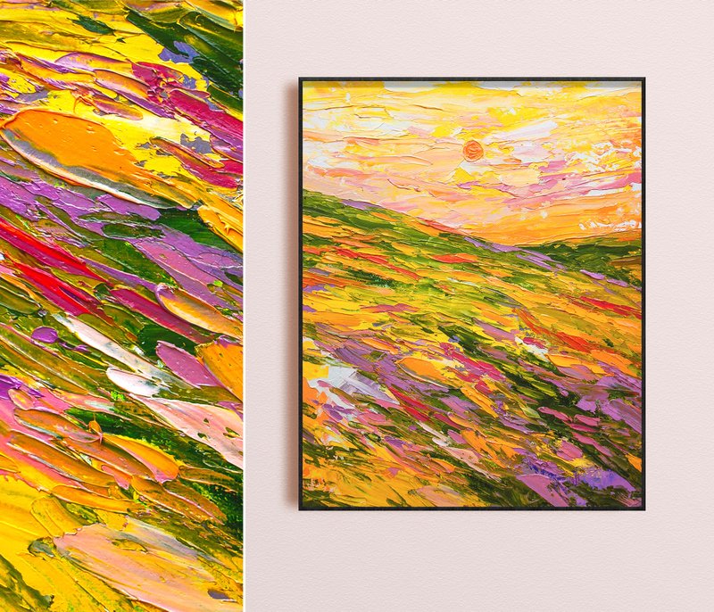 黃色盛開的山丘原創油畫風景 30x24 公分日落藝術 - 插畫/繪畫/寫字 - 其他材質 橘色