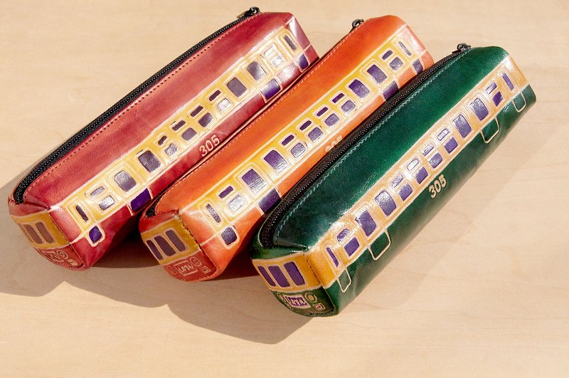 Handmade goatskin pencil case / hand-painted style leather pen case / leather storage bag / leather pencil case - bus travel - กล่องดินสอ/ถุงดินสอ - หนังแท้ หลากหลายสี