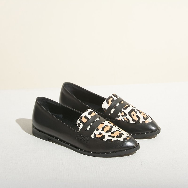 Pointy-toe Loafers | Black / Leopard - รองเท้าอ็อกฟอร์ดผู้หญิง - หนังแท้ สีดำ