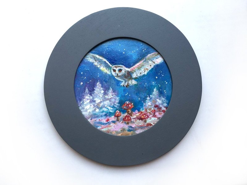 Framed Painting Owl Bird Forest Round landscape blue gift fly agaric - ตกแต่งผนัง - วัสดุอื่นๆ สีเทา