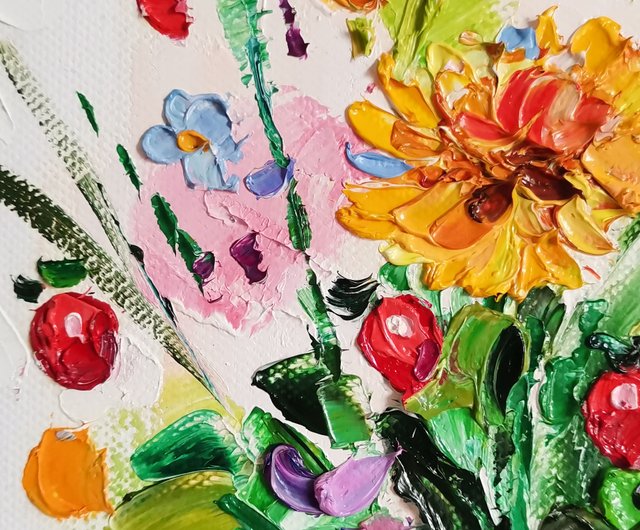 油絵 絵画 【Wild flowers】 ワイルドフラワー絵画デイジーオリジナルアート厚塗り油絵微型
