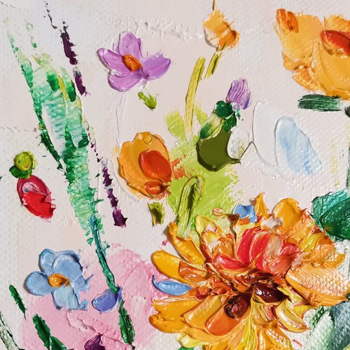 油絵 絵画 【Wild flowers】 ワイルドフラワー絵画デイジーオリジナルアート厚塗り油絵微型
