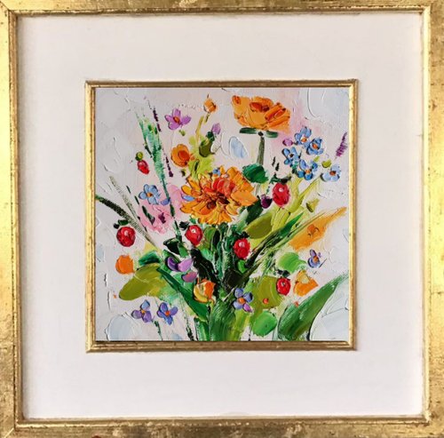 油絵 絵画 【Wild flowers】 ワイルドフラワー絵画デイジーオリジナルアート厚塗り油絵微型