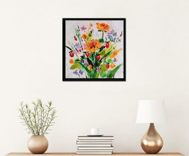 ワイルドフラワー絵画デイジーオリジナルアート厚塗り油絵微型