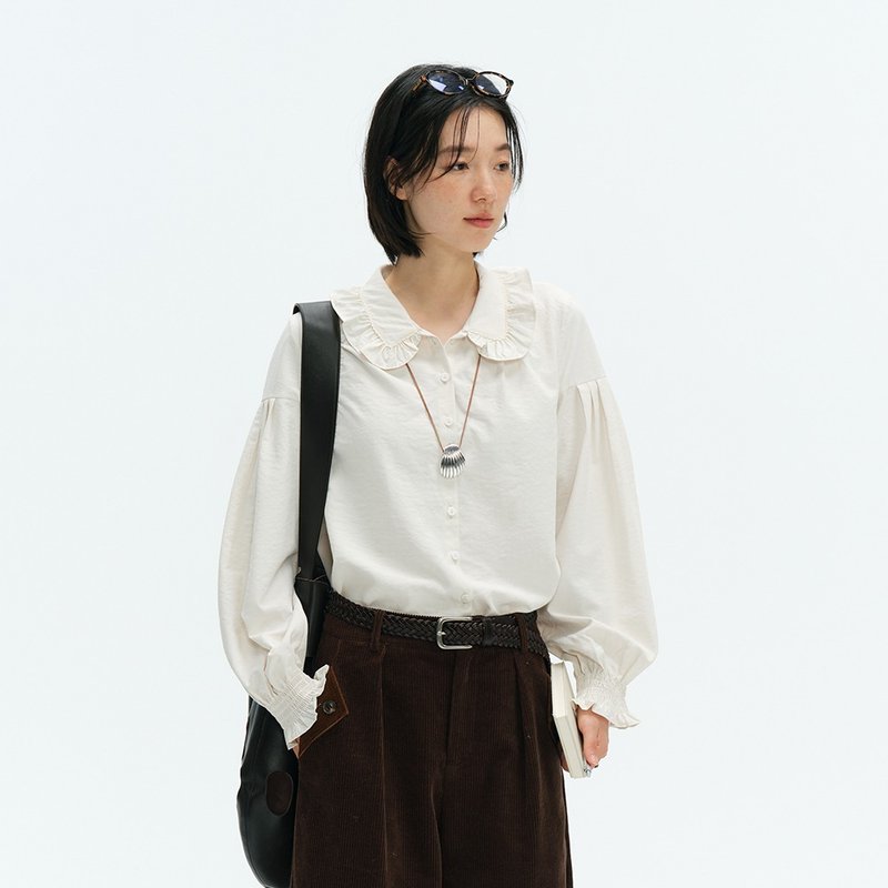 木耳邊翻領襯衫|襯衫|秋款|Sora-1925 - 女襯衫 - 其他人造纖維 白色