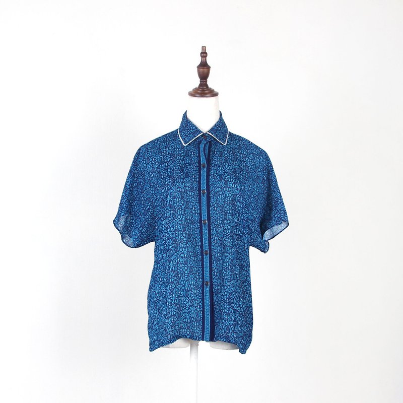 [Egg Plant Vintage] Ocean Bubble Print Half Sleeve Vintage Shirt - เสื้อเชิ้ตผู้หญิง - เส้นใยสังเคราะห์ สีน้ำเงิน