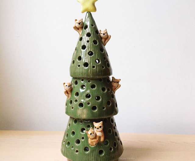 ハッピー芝犬クリスマスツリー手作り陶器キャンドルホルダー季節限定