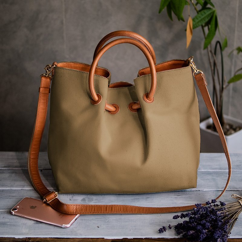 Linen & 2-way Shoulder Bag Linen Canvas - กระเป๋าถือ - ผ้าฝ้าย/ผ้าลินิน 