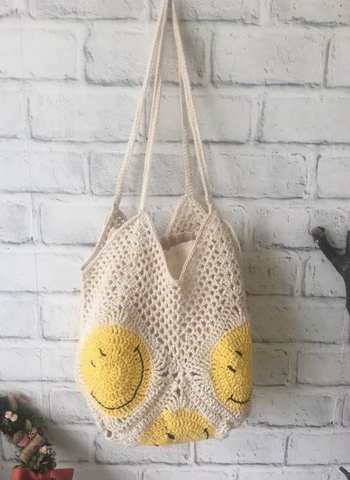 愛編織 編織愛 Love to Knit, Knit for Love 手作純棉大微笑大容量編織包(附內袋)/肩揹包/購物袋/渡假包~米白