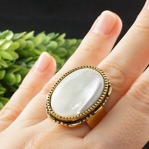 AGATIX White Mother of Pearl Ring Large Oval MOP Gold Boho Adjustable Ring Jewelry Gift
