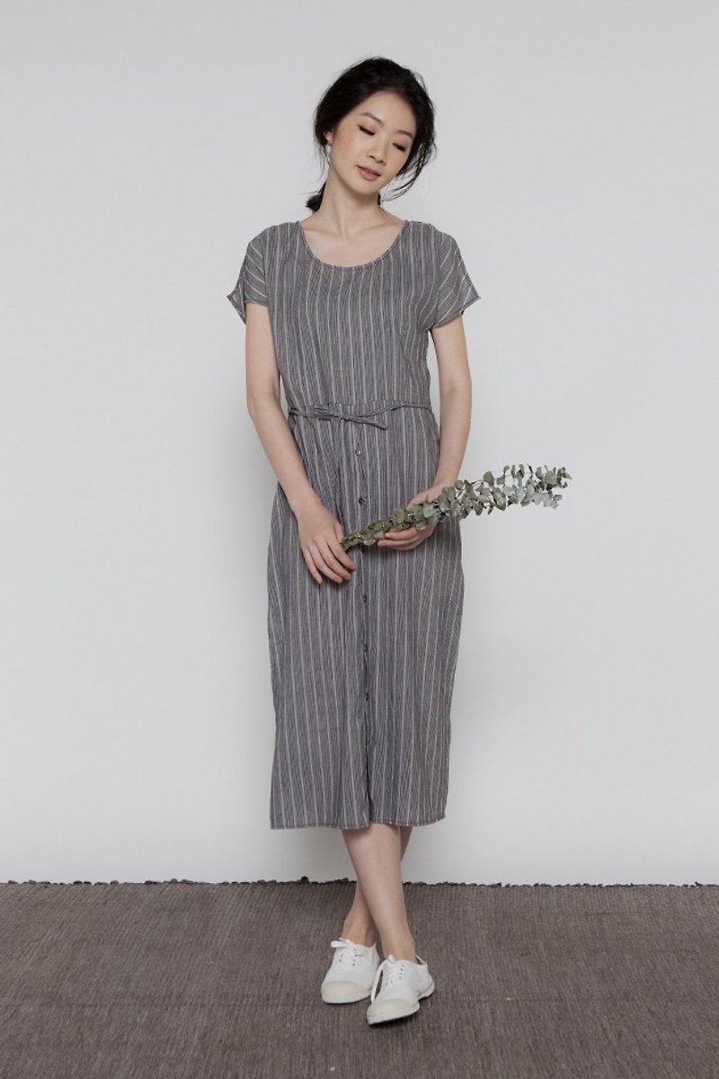 園藝植人閑適洋裝 ( gardener cozy midi dress ) - 灰藍條 - 洋裝/連身裙 - 棉．麻 