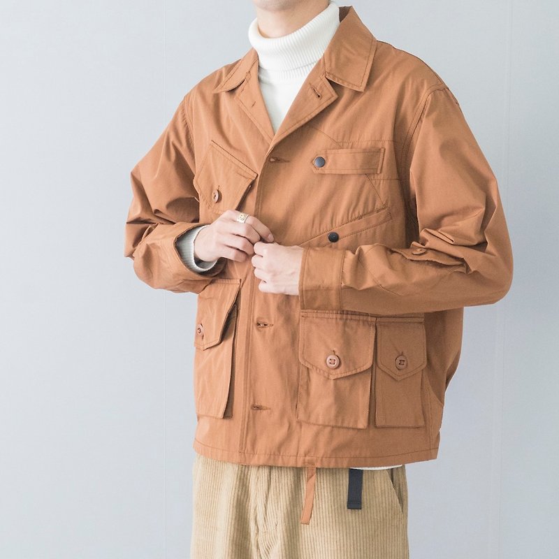 Travel essential outdoor function waterproof Japanese with pocket windbreaker jacket jacket fishing jacket - เสื้อสูท/เสื้อคลุมยาว - ผ้าฝ้าย/ผ้าลินิน สีนำ้ตาล