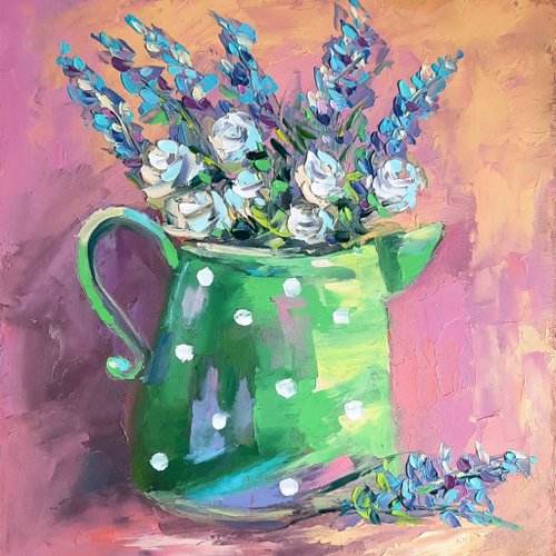ラベンダー絵画ローズオリジナルアート花油絵花束アートワーク