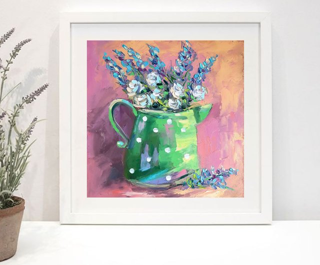 ラベンダー絵画ローズオリジナルアート花油絵花束アートワーク