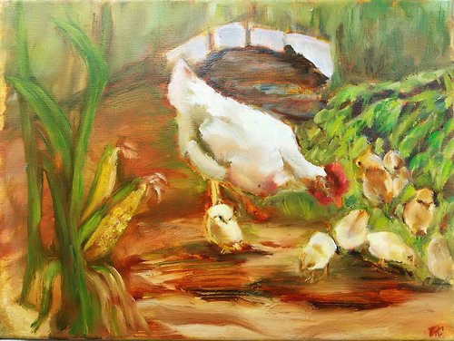Diven.art Original oil painting on canvas Birds Landscape with chicken and chickens 7x9 in