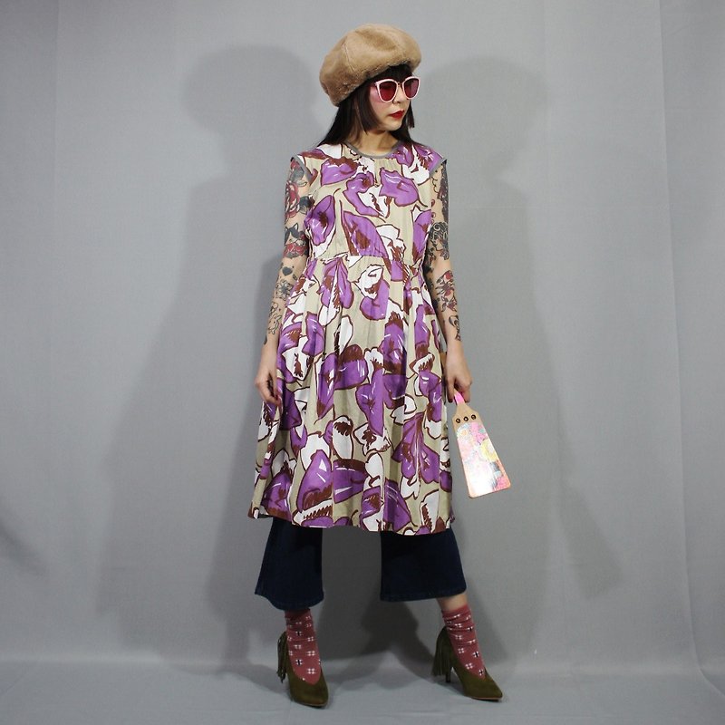 (Free shipping) Made in Japan (Vintage dress) Khaki big flower Japanese vintage dress (Made in Japan) F3207 - ชุดเดรส - ผ้าฝ้าย/ผ้าลินิน สีกากี