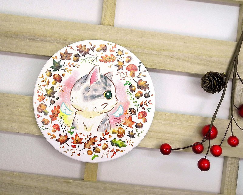 Autumn meow ceramic absorbent coaster - ที่รองแก้ว - ดินเผา สีนำ้ตาล
