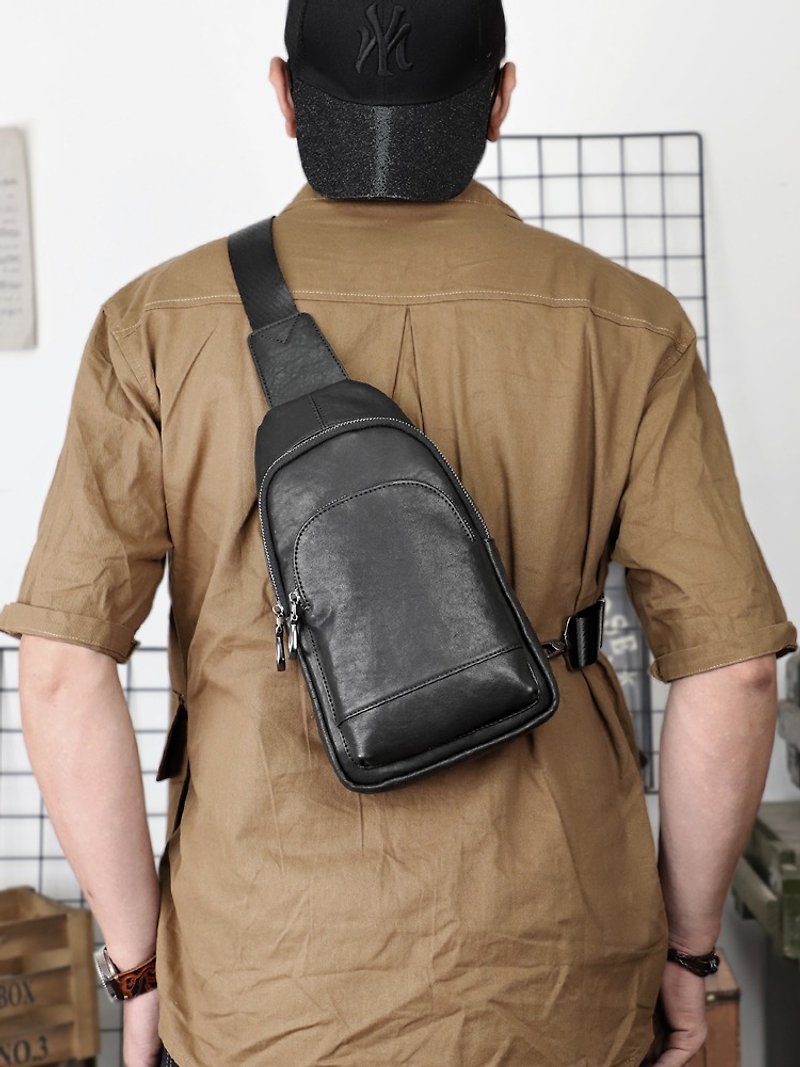 Men's Chest Shoulder Bag Genuine Leather Messenger Bag Casual Chest Pack - กระเป๋าแมสเซนเจอร์ - หนังแท้ สีดำ