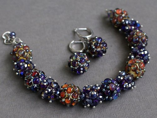 InnaKirkevichLampwork Lampwork purple bracelet and earrings, glass earrings, glass artisan bracelet