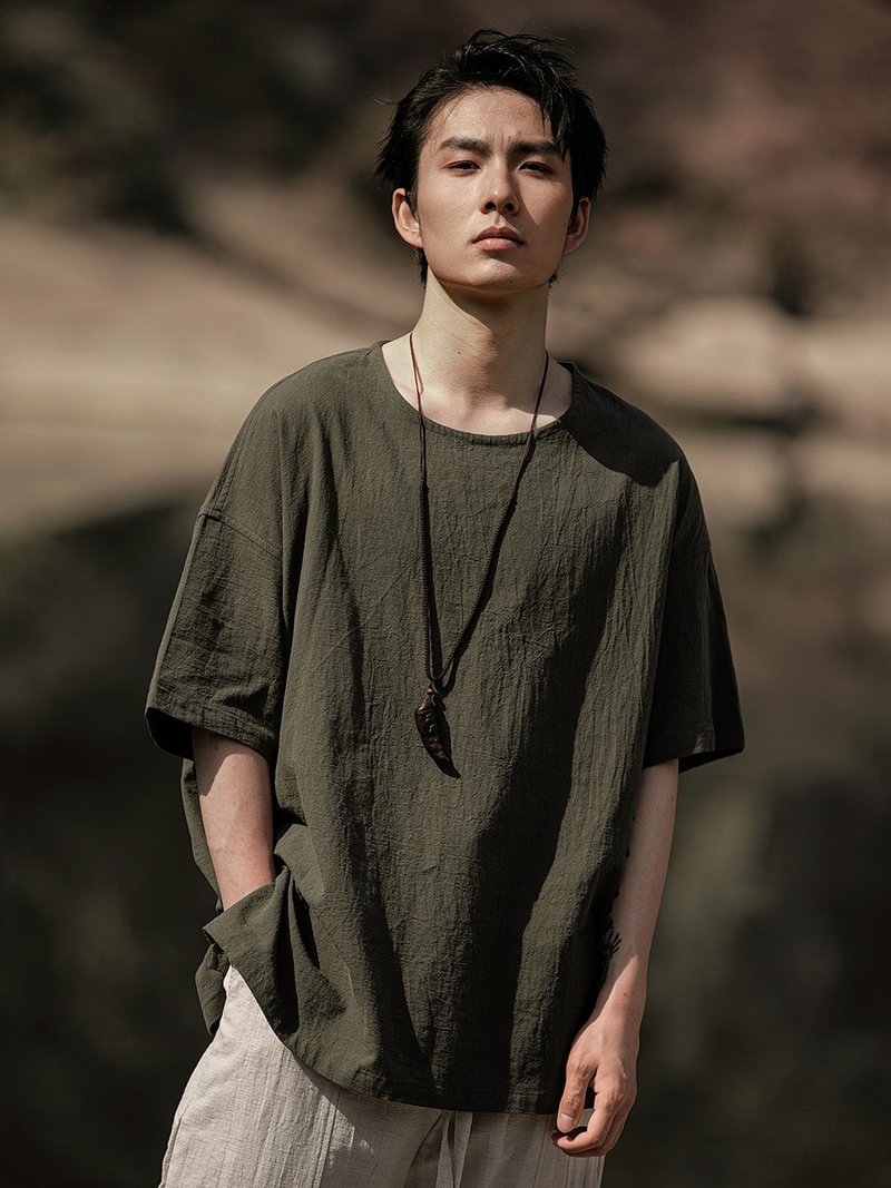 New Chinese Retro Linen Short-Sleeve T-Shirt - เสื้อยืดผู้ชาย - วัสดุอื่นๆ หลากหลายสี