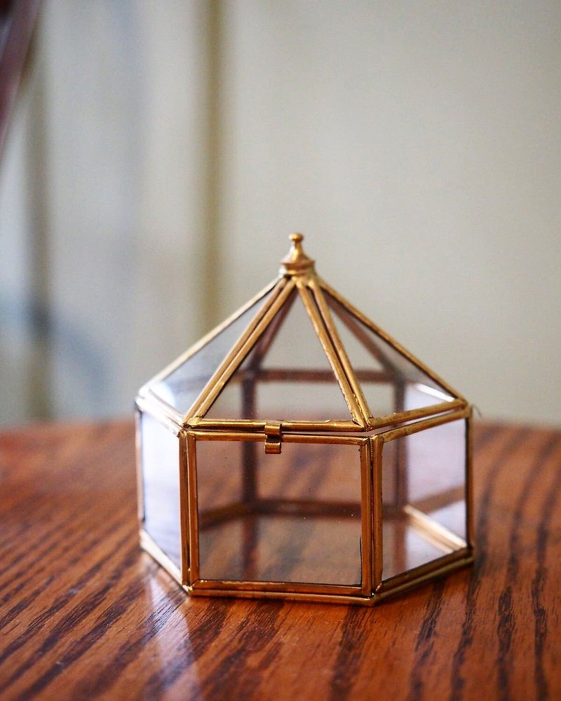 Handmade brass hexagonal glass case L - Items for Display - Other Metals Gold