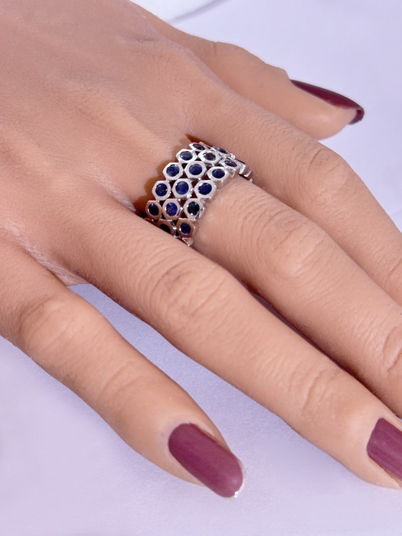 Natural Blue Sapphire Gemstones Unique Band Ring, The Jewelry are attractive - 戒指 - 銀 咖啡色
