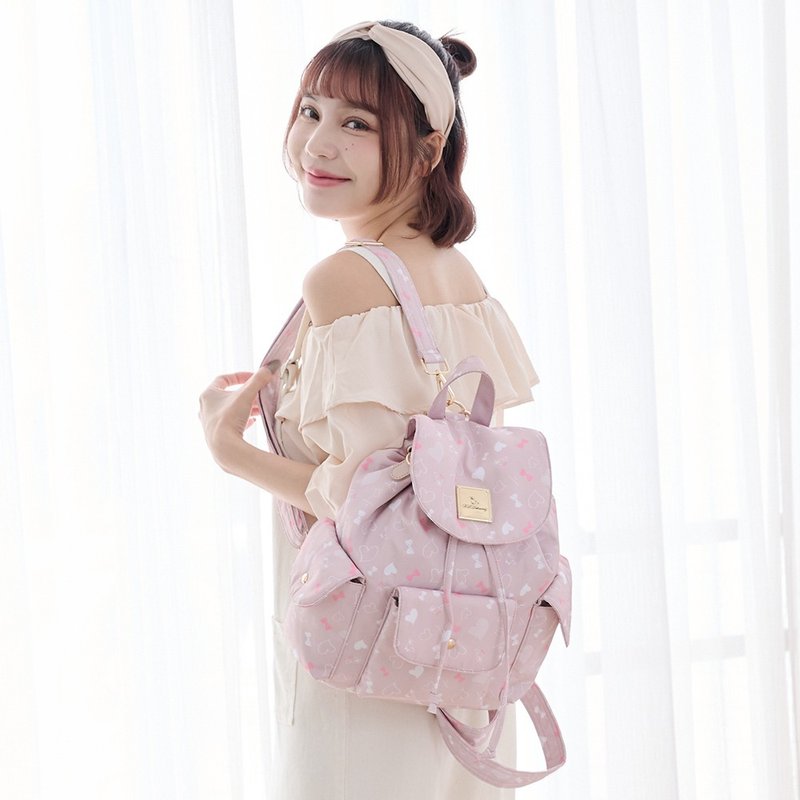 [Sweet Q Cute] Heart to Heart - Gentle Multi-laminated Backpack - Pink Apricot - Backpacks - Nylon Multicolor