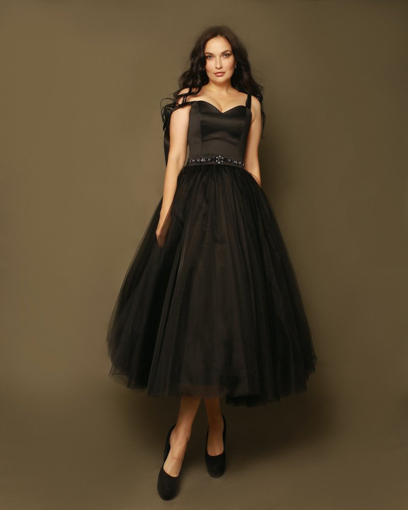 Black Tulle Wedding Dress, Evening Dress Tea Length, Short Black Wedding Dress - 禮服/小禮服 - 其他材質 白色