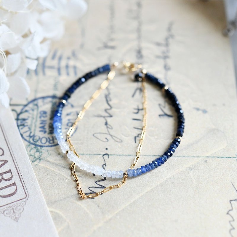 Gradation blue sapphire and wave chain double bracelet that enhances charisma, victory luck, money luck, etc. September birthstone - สร้อยข้อมือ - เครื่องประดับพลอย สีน้ำเงิน