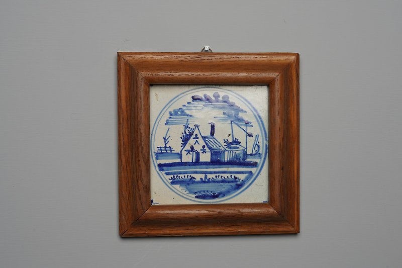 Blue landscape in circle tile in wooden frame(T142) / delft blue  / handpainted - Posters - Pottery Blue