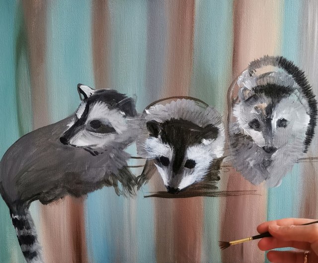 キャンバスにアライグマの絵50x40 cm、オリジナルのアライグマの