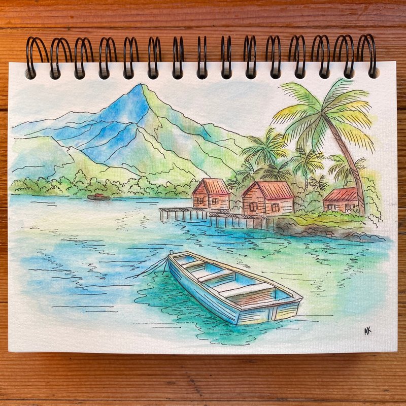 French Polynesia watercolour painting, tropical landscape illustration, nature - 壁貼/牆壁裝飾 - 其他材質 綠色