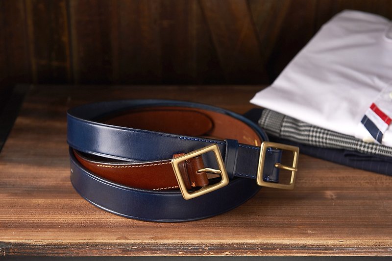 [New Year’s Gift] Wide Version Pressed Edge Vegetable Tanned Belt Navy Blue│Gift for Boyfriend│Gift Recommendation - เข็มขัด - หนังแท้ สีน้ำเงิน