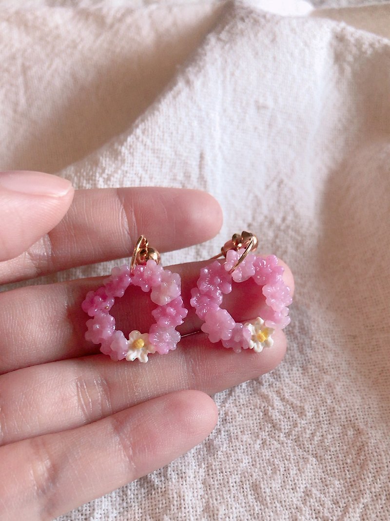 Other Materials Earrings & Clip-ons Pink - Polymer clay Earrings Pink Floral Wreath