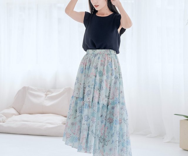 Poly Print Skirt Swing Elastic Belt Pocket Long Skirt Queen Green