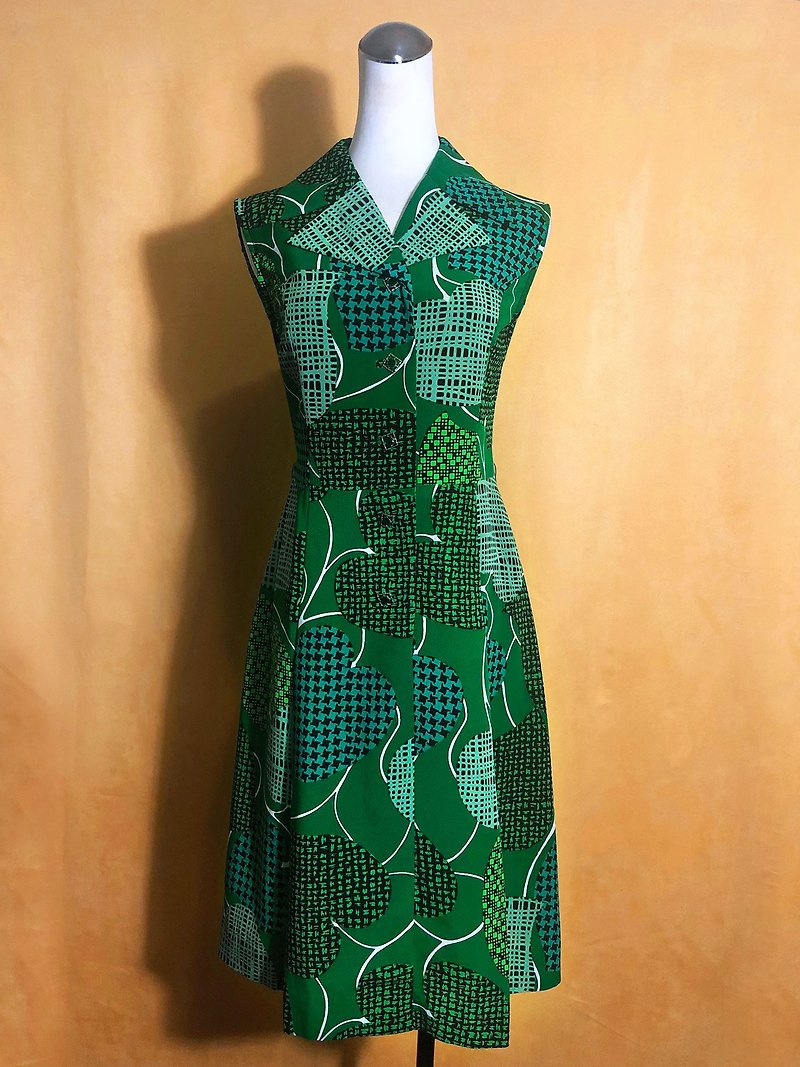 復古圖騰無袖古著洋裝/ 國外帶回 VINTAGE - 連身裙 - 聚酯纖維 綠色