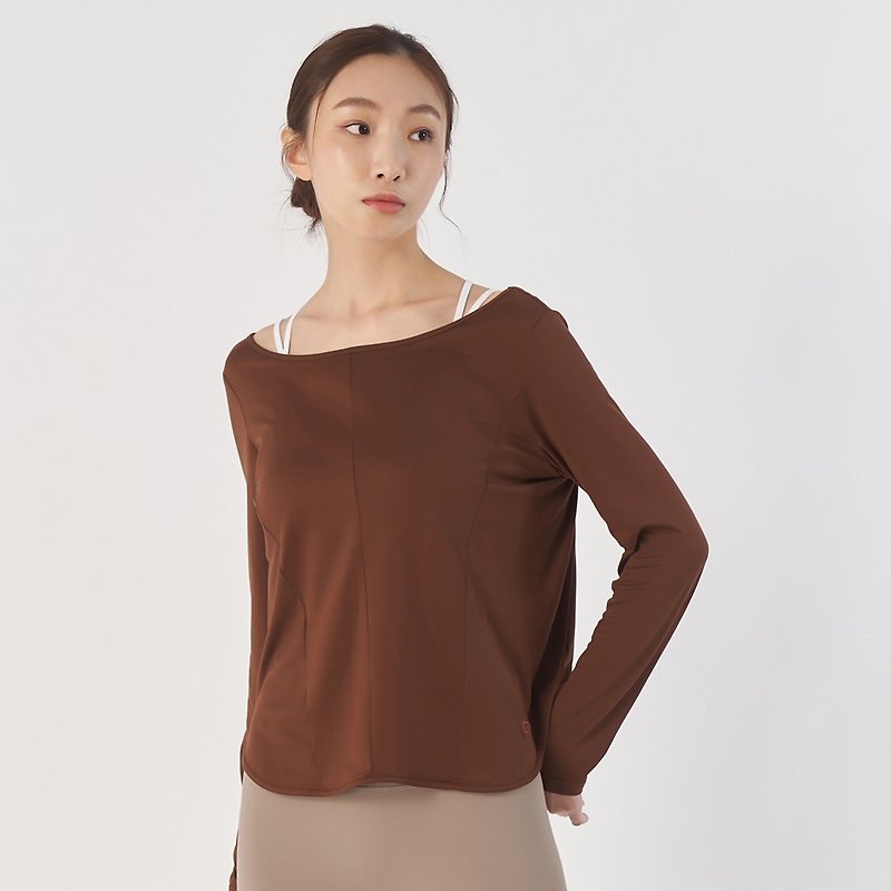 【GLADE.】Floral wide-neck peach velvet women's long-sleeved blouse top (coffee) - Women's Sportswear Tops - Polyester Brown